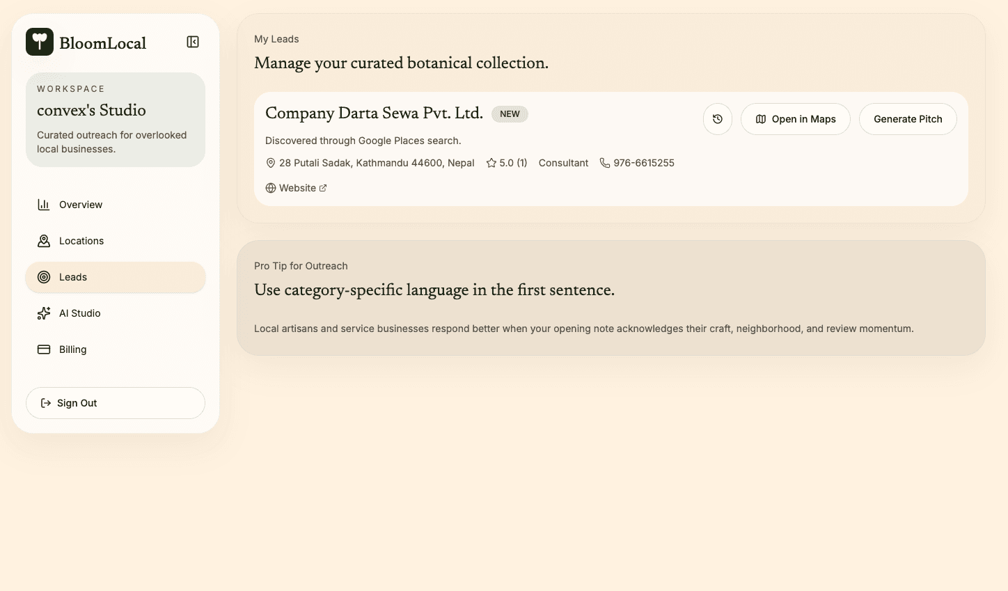 LocalReach dashboard for local website prospecting and AI pitches